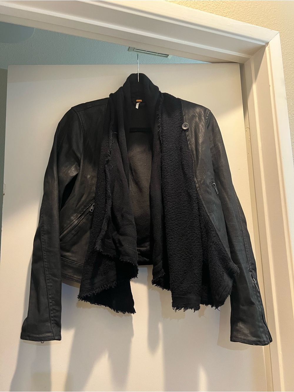 Free People Black Leather Jacket with Attached Draped Scarf